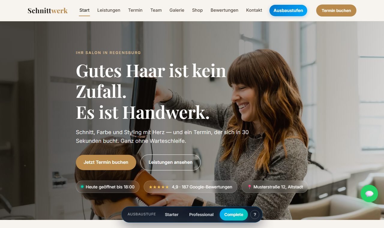Website eines Muster-Friseursalons mit Online-Terminbuchung