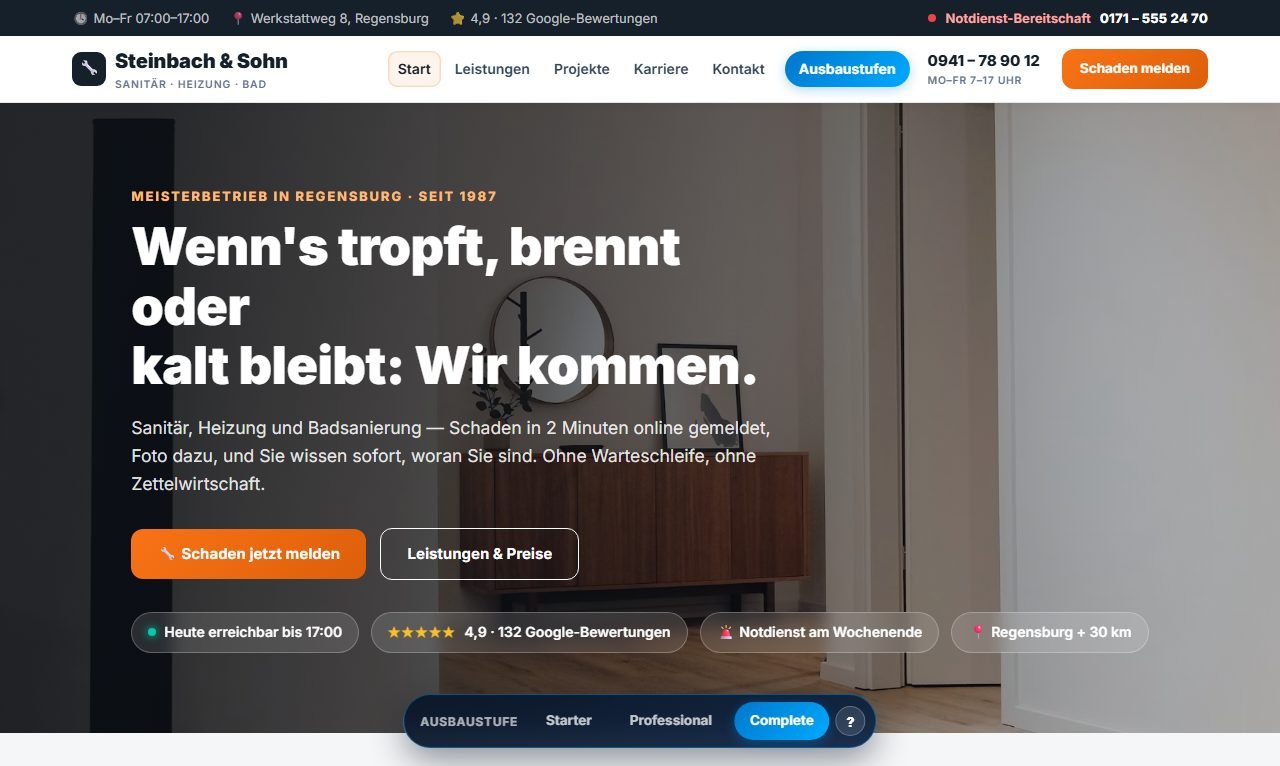 Website eines Muster-Handwerksbetriebs mit Schadensmeldung